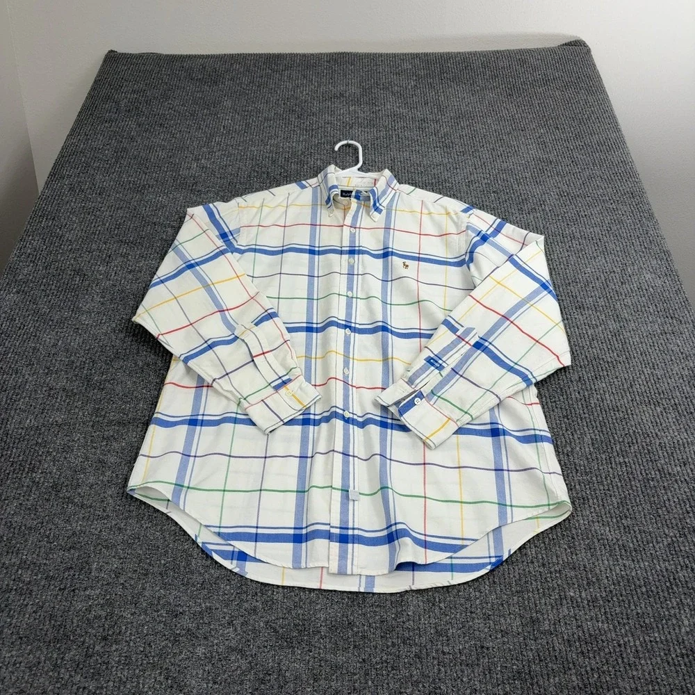 Ralph Lauren Button Down Shirt Mens 16.5‎ White Cotton Plaid Classic Preppy